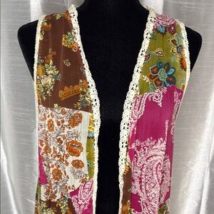 Eyeshadow Sheer Crochet Floral Paisley Open Front Blouse Vest Women’s XL Boho